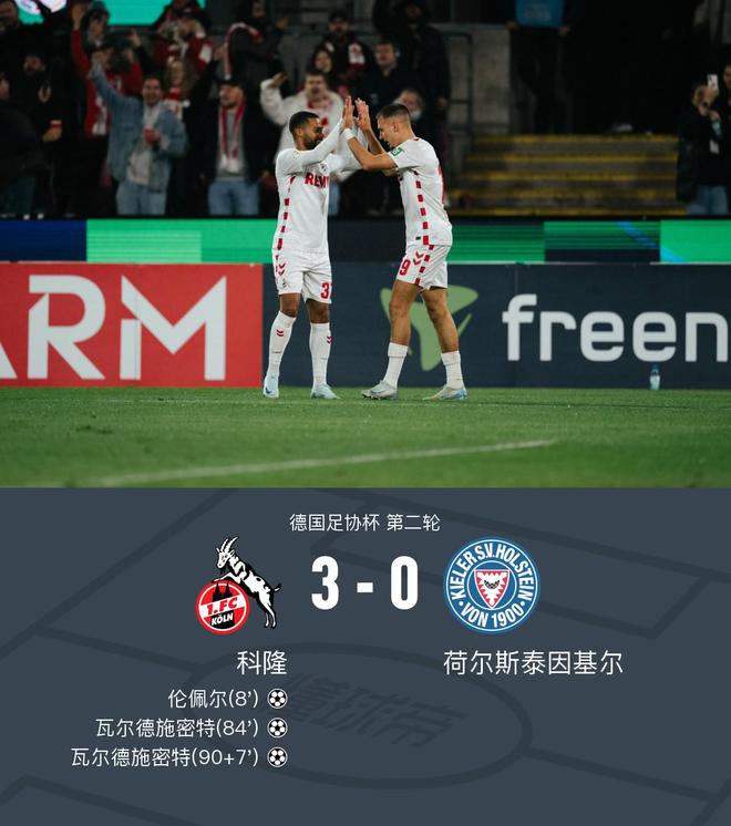 德國杯科隆3-0基爾晉級，瓦爾德施密特梅開二度，倫佩爾破門